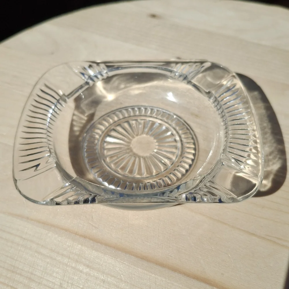 Vintage Clear Cut Glass Starburst Rectangular Ashtray Trinket Dish Candle Tray